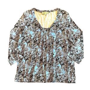 Jones New York Sport blue and black print front gather 3/4 sleeve top Large